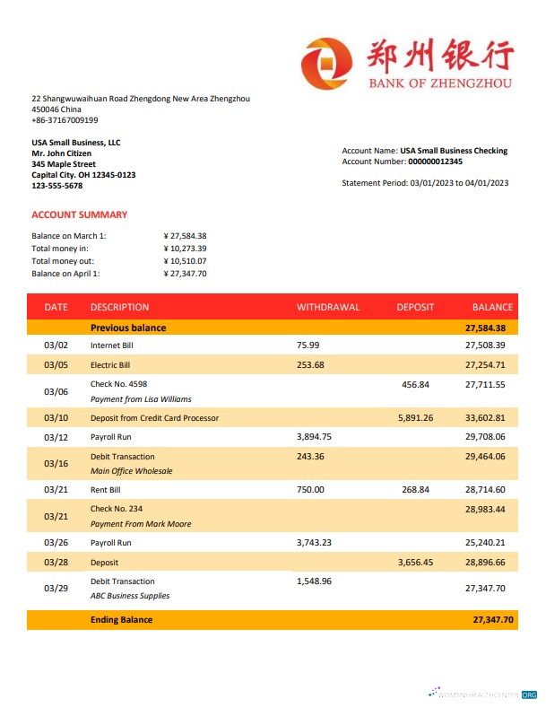 Download Bank of Zhengzhou firm account statement Word and PDF template Photoshop template